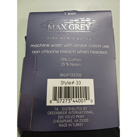 Max Grey Fine Men's Socks Size 10-13 Made in Turkey One Pair NEW - Picture 4 of 4